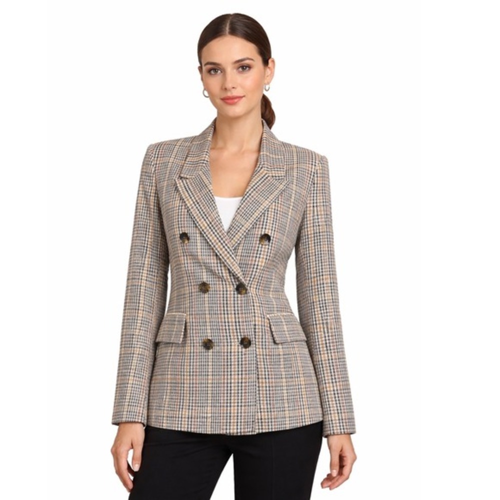 NY&Co 7th Ave Plaid Double Breasted Blazer Tan Black White M Preppy Career 80-28